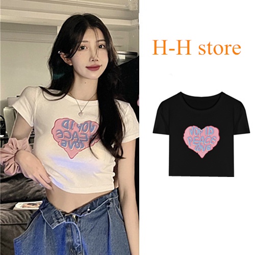 เสื้อยืดสตรีแขนสั้นพิมพ์ลายหัวใจ แขนสั้น ทรงสลิม ผ้าด้านบนนุ่มสบาย，เสื้อครอป【6769】