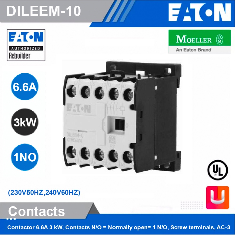 EATON DILEEM-10(230V50HZ,240V60HZ) - Contactor 6.6A 3 kW, Contacts N/O = Normally open= 1 N/O, Screw