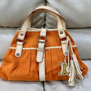 CELINE Hemp Tote Hand bag Sequin Fringe Charm Blason Linen Orange