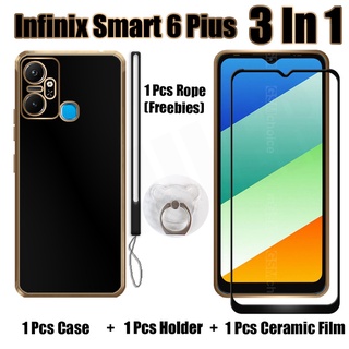 3 IN 1 เคส Infinix Smart 6 Plus พร้อมกระจกนิรภัยกันรอยหน้าจอโค้ง เซรามิก และที่ยึด ซิลิโคนนุ่ม สายคล้อง เคสโทรศัพท์