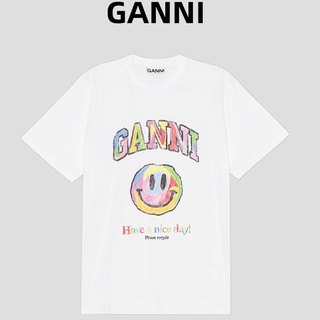 Ganni เสื้อยืด คอกลม แขนสั้น พิมพ์ลายหน้ายิ้ม หลากสี แฟชั่นฤดูร้อน สําหรับผู้หญิงS-5XL