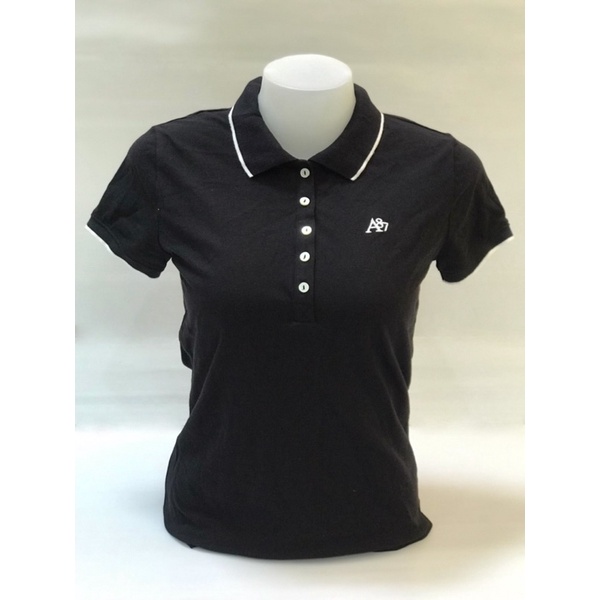 เสื้อโปโลคอปก สีดำ (ญ/3) Aeropostale ปัก A87 ผู้หญิงกระดุม5เม็ด มีกุ๋นคอสีขาว