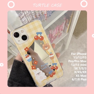 [พร้อมส่ง] เคสโทรศัพท์มือถือแบบกระจก ลายหมี เชอร์รี่เค้ก สําหรับ iPhone 14 13 12 11 PROMAX XS XR XSMAX SE2020 6 7 8PLUS MINI