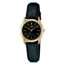Casio นาฬิกาข้อมือผู้หญิง (สีทอง/หน้าปัดดำ) สายหนังสีดำ รุ่น LTP-1094Q,LTP-1094Q-1ARDF,LTP-1094Q-1A