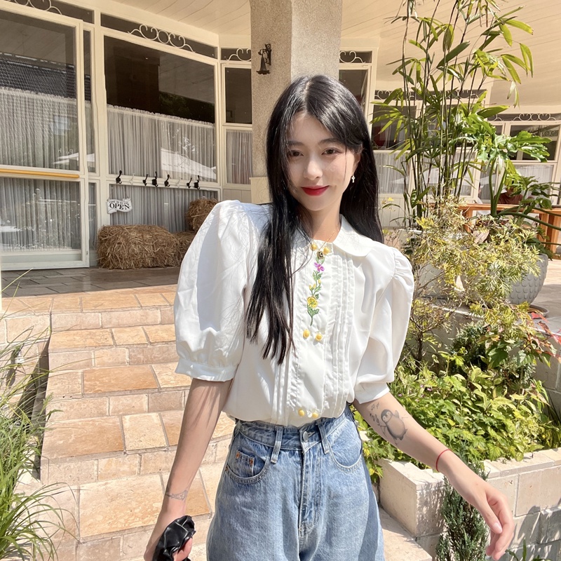 Fsd52122เสื้อเชิ้ตสีขาวทรงหลวมคอตุ๊กตาปักลายแฟชั่นฤดูร้อนสไตล์เกาหลีสําหรับผู้หญิง