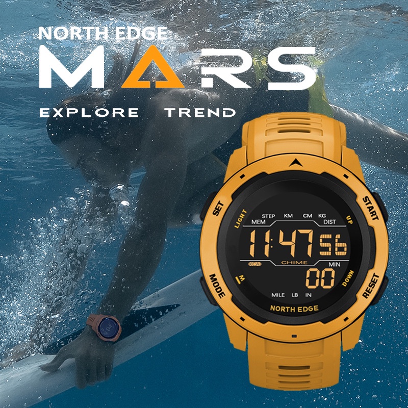 NORTH EDGE นาฬิกาสปอร์ต Mars Dual Time Pedometer นาฬิกาดิจิตอลผู้ชาย [นาฬิกากีฬากลางแจ้งมืออาชีพ]