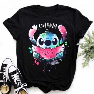 เสื้อยืด พิมพ์ลายกราฟิกการ์ตูน Stitch Ohana Lilo Stitch น่ารัก สไตล์ฮาราจูกุ สําหรับผู้หญิง