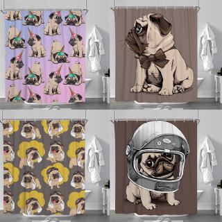 Kawaii Pug Puppy Series ผ้าม่านอาบน้ํา กันน้ํา พร้อมตะขอ 12 ชิ้น
