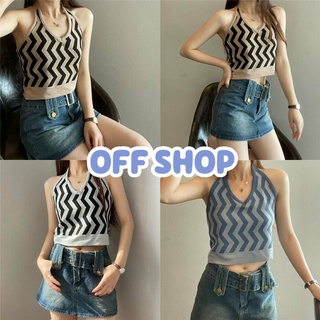 OFF SHOP พร้อมส่ง (OFF-1668) เสื้อคล้องคอไหมพรม ลายทางหยักเว้าหลัง สุดเซ็กซี่