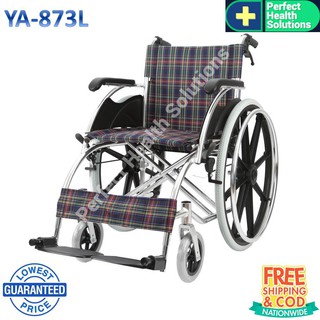 รถเข็นผู้ป่วย Wheelchair วีลแชร์ อลูมิเนียมอัลลอย พับได้ มีเบรค เบาะกว้าง 18 นิ้ว ล้อ24 นิ้ว รุ่น YA873L ลายสก็อตม่วงแดง