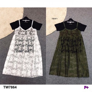 SS7864 Dress Set 2 ชิ้น เสื้อยืด+เอี๊ยมกระโปรงสายเดี่ยวลูกไม้