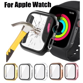 เคส applewatch PC Glossy Plated 360 full Screen protector Bumper hard Case for apple watch series 7 se /6/5/4/3/2/1 Tempered glass film for  i Watch 41mm 45mm 40mm 44mm 38mm 42mm เคส applewatch series 7