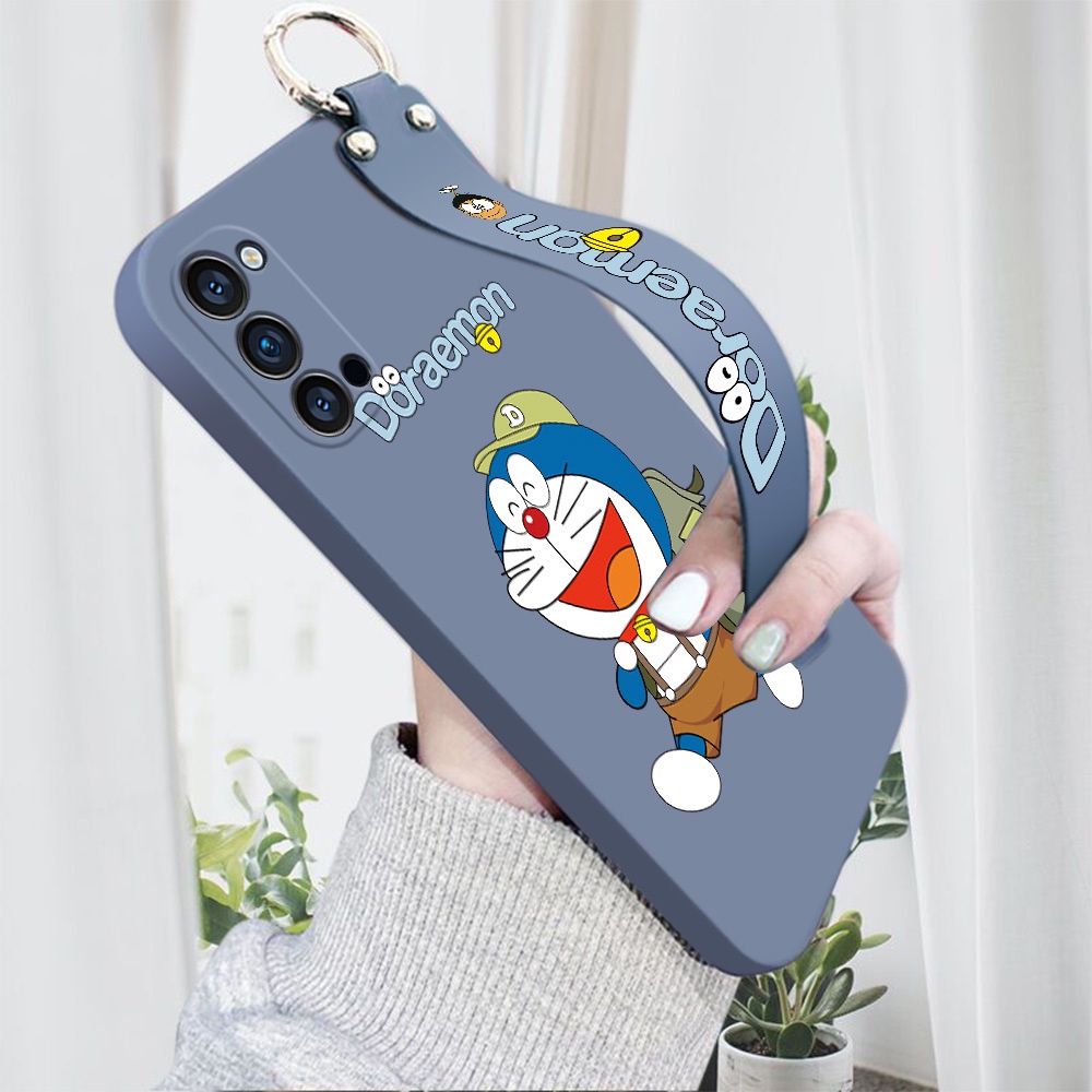 เคสโทรศัพท์มือถือ ซิลิโคนนิ่ม กันกระแทก ลายการ์ตูนโดราเอมอน พร้อมสายคล้องข้อมือ และขาตั้ง สําหรับ OPPO Reno4 Pro Reno 4 4G 5G เคสโทรศัพท์