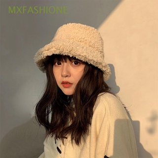 Mxfashione หมวกบักเก็ตลําลอง ผ้าขนแกะ กันแดด พับได้ ให้ความอบอุ่น แฟชั่นฤดูใบไม้ร่วง และฤดูหนาว สําหรับผู้หญิง