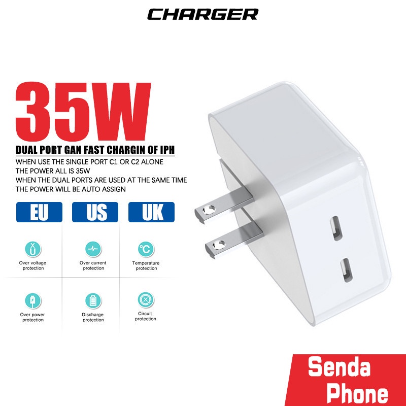 หัวชาร์จ พอร์ต USB-C คู่ 35W (Dual PD Charger) Type-C+Type-C 2ช่อง ขาพับได้ ขาปลั๊ก Eu/us/uk หัวชาร์จเร็ว Fast Charge