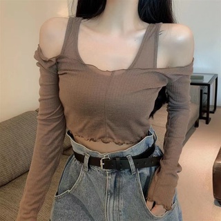 🐇เสื้อยืดแขนยาว เปิดไหล่ มีสองชั้นแยกได้ เซ็กซี่แฟชั่น แบบยืดหยุ่น สีกาแฟ เอวลอย สําหรับผู้หญิง