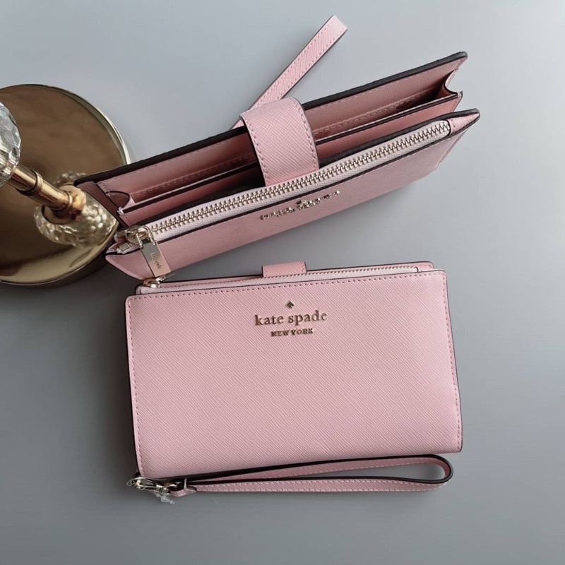 👑ผ่อน0%~แท้100%👑 กระเป๋าสตางค์ New Kate Spade Staci Saffiano Leather Phone Wallet Wristlet Wallet Pink Ruby Wlr00633