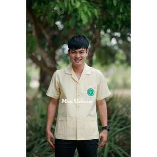 ( Live 11.30 - 13.00 น.ทุกวัน ) เสื้อกาวน์ แขนสั้น คอปก เหลือง-ขาว เสื้อเหลืองริ้ว ตรากระทรวงสาธารณสุข มุกยูนิฟอร์ม