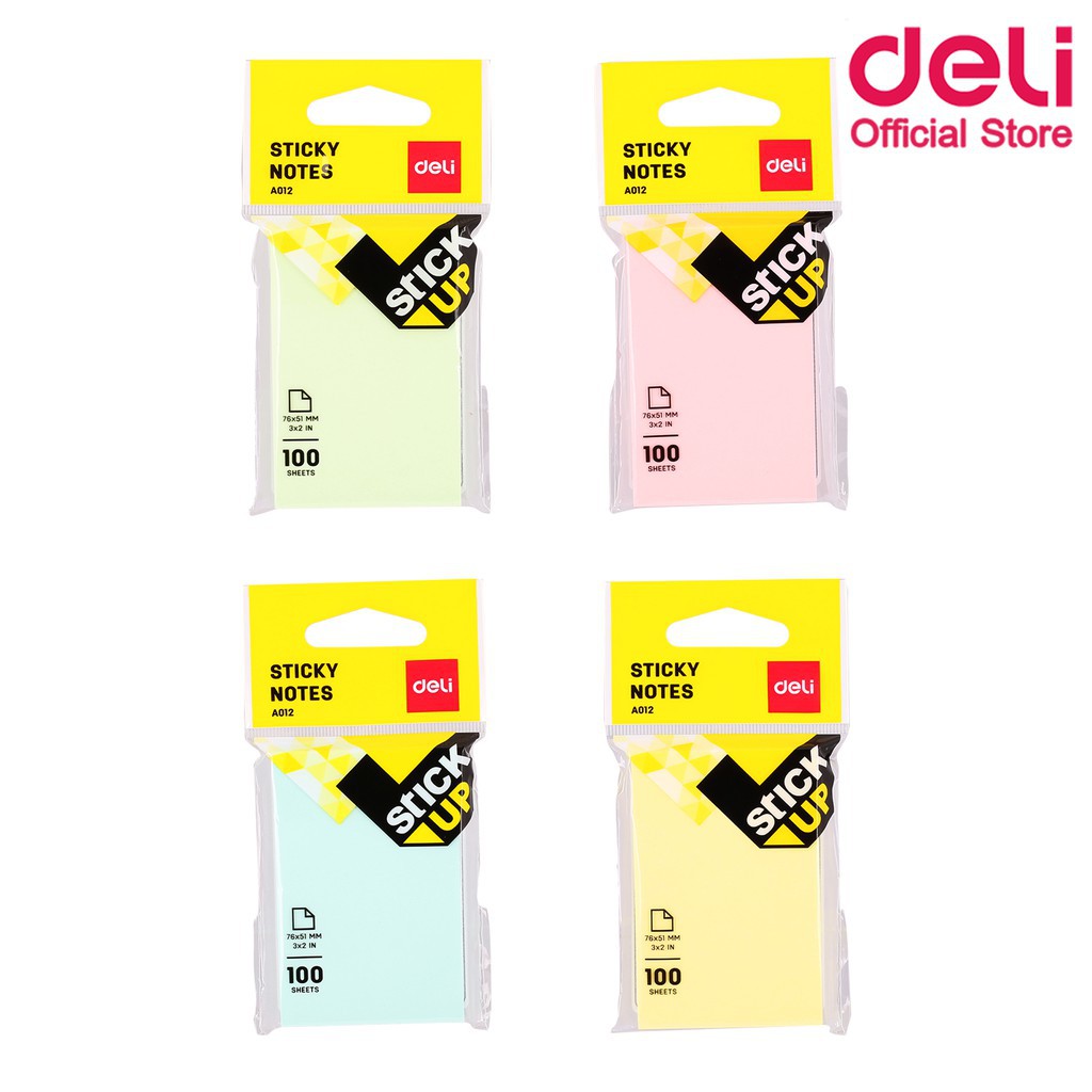 Sticky note กระดาษโน๊ตมีกาว 76×51 มม. สีธรรมดา 100แผ่น/ก้อน คละสี deli รุ่น A01202