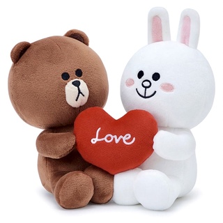 ตุ๊กตาไลน์เฟรนด์คู่ หมีบราวน์และกระต่ายโคนี่  นั่งคู่ถือหัวใจ Line Friends Cute Brown Bear Cony Rabbit Plush Toy