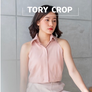 TORY CROP เสื้อเชิ้ตครอปเเขนกุดยาว ยาว 17 นิ้ว