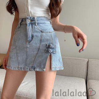 LAA7-Women´s High Waist Denim Skirt, Zipper Button Closure Solid Color Knotted Buckles Split Hem Invisible Shorts