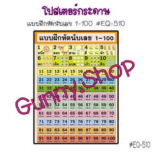 โปสเตอร์เรื่องแบบฝึกหัดนับเลข 1-100 #EQ-510 โปสเตอร์กระดาษอาร์ตมัน สื่อการเรียนรู้