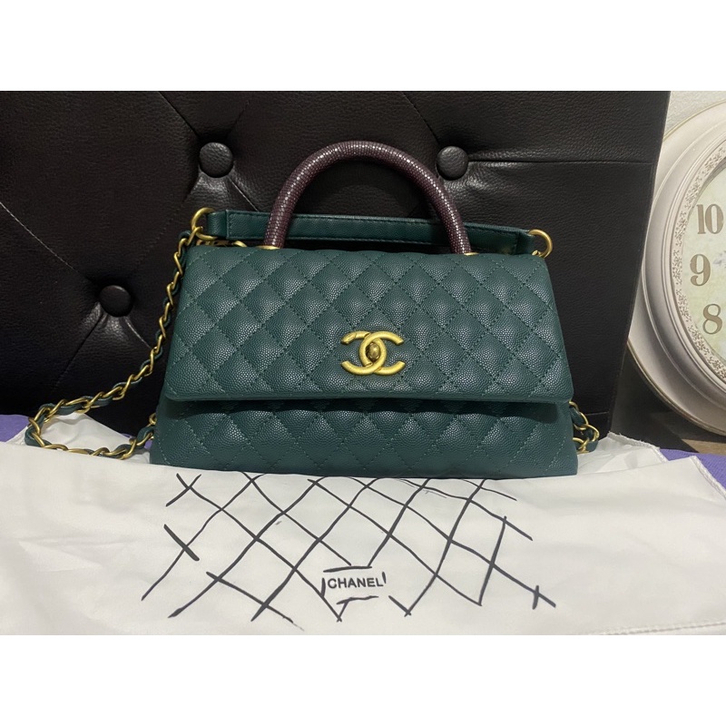 กระเป๋าถือ/สะพาย Chanel Coco Handle หู Lizard ขนาด 10” สีเขียว
