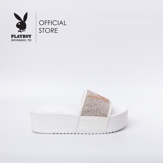 Playboy รองเท้าแตะส้นหนาผู้หญิงลิขสิทธิ์แท้รุ่นST-HS222C059 ดีไซน์ส้นหนาแต่งคาดแถบเพชรกระต่ายครึ่งหน้า มี3สี ขาว/ชมพู/ดำ