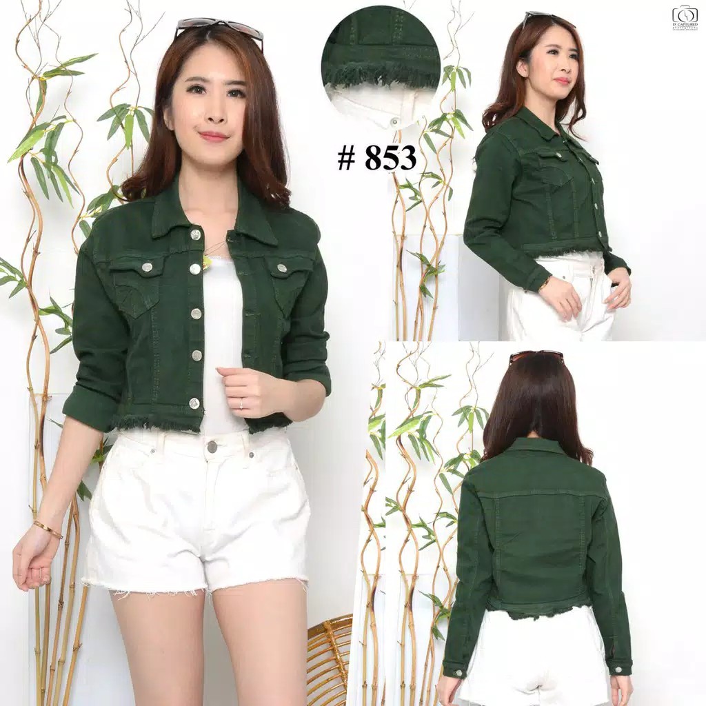 HIJAU Asia Fashion Green Rawis Crop Jean Jacket / Bottle Green Jacket / Dark Green Jean Jacket / Gre
