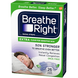 แผ่นแปะจมูกลดการนอนกรน Breathe Right  Extra Clear for Sensitive Skin นำเข้า USA ขนาดกล่องละ 26 ชิ้น