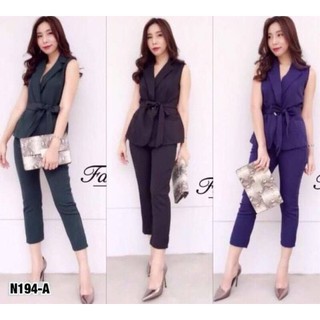 Set2 ชิ้น เสื้อปกเทเลอร์ แต่งห่วงเอว ผูกได้ตามทรวดทรง + กางเกงขา8ส่วนทรงเดฟ