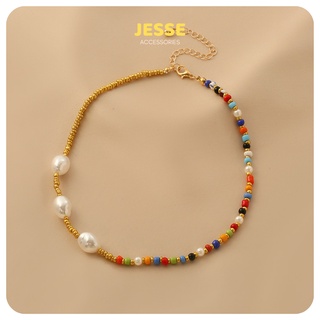 Colorful gold with pearl necklace สร้อยคอมุกและลูกปัดหลากสี สร้อยคอน่ารัก