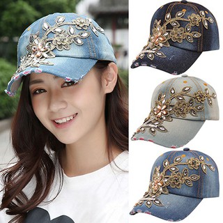 Cap Embossing Flower เดนิมแคปหมวก Rhinestone Inlaid Jeans