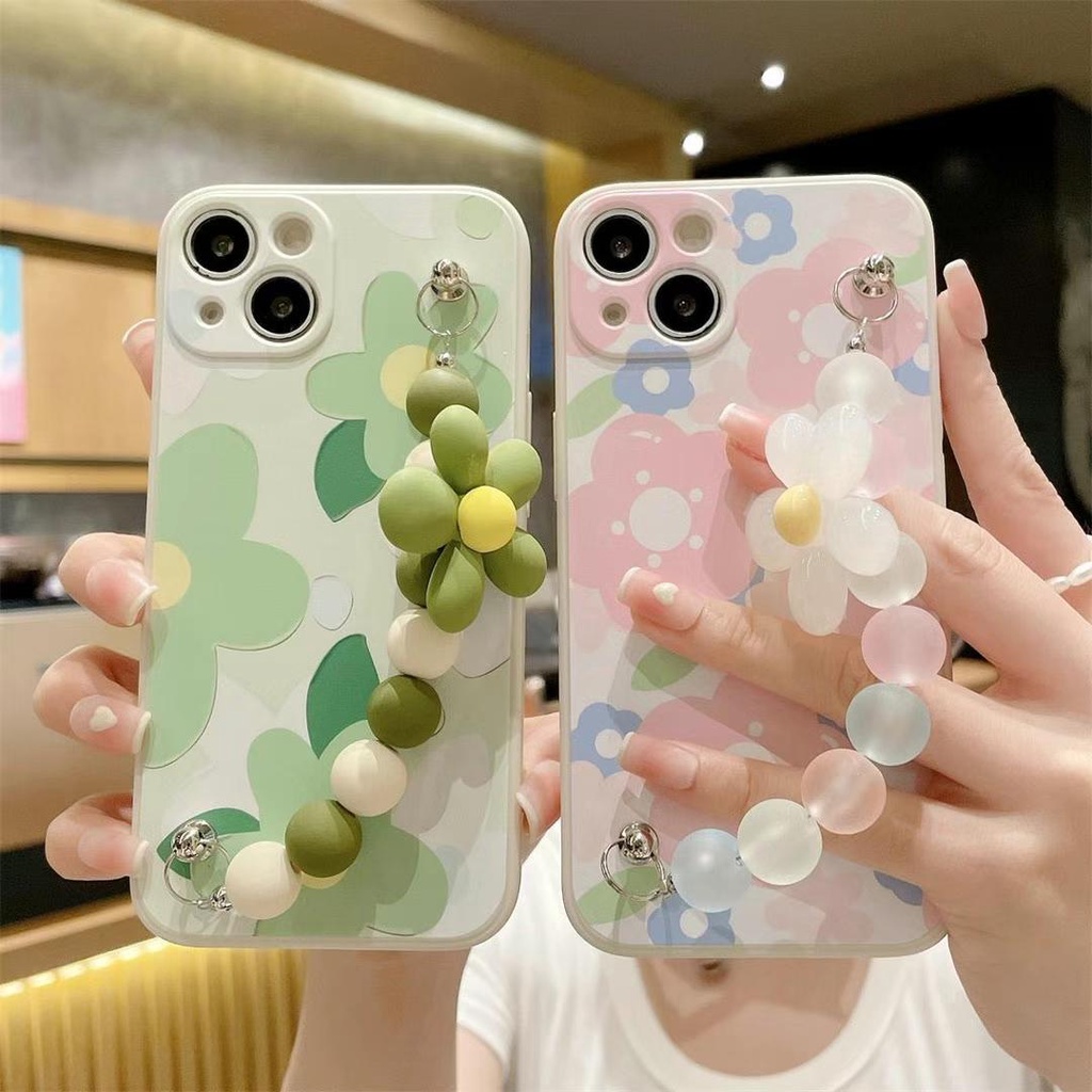 สําหรับ Vivo V60 V50 V40 Lite V30 V27 Pro V19 V29 e Y19S Y200 Y100 Y17S Y28S Y18 Y04 Y03T เคสโทรศัพท์ SOft ดอกไม้พร้อมสร้อยข้อมือ