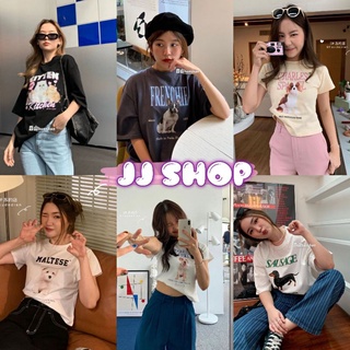 เดรสคอกลมแขนสั้นพิมพ์ลายJJ Shop​💜​พร้อมส่ง เสื้อยืดแขนสั้น คอกลม ลายแมวหมาน่ารักคิ้วๆมาก "DX-CatDog"