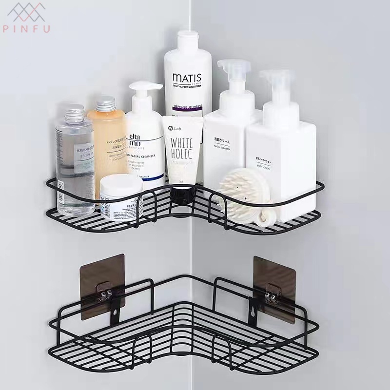 PINFU_SHOP ชั้นวางของในห้องน้ำ ทรงสามเหลี่ยมแบบเข้ามุม แบบไม่เจาะผนัง ที่วางของเข้ามุมสามเเหลียม