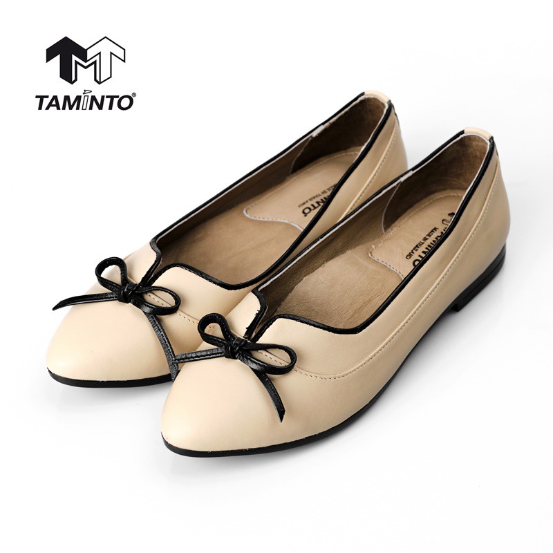 ส่งฟรี! Taminto รองเท้าผู้หญิง หนังแท้ ส้นแบน ทรงบัลเล่ต์ หัวแหลม แต่งโบว์ พื้นนิ่ม W831-17 Women's Leather Ballet Flats