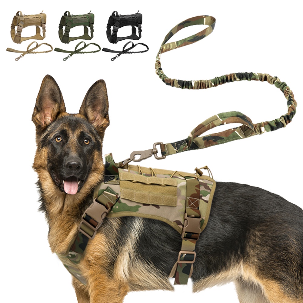 Military Tactical Dog Harness Leash K9 Pet Dog Vest With Handle Nylon Bungee Dog Leash Lead