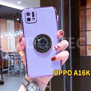 6D เคส OPPO A16K ป้องกันเลนส์หรูหราซิลิโคนอ่อนเคสโทรศัพท์พร้อมที่วางขาตั้งเพชร