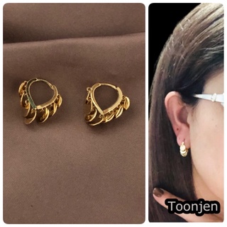 (พร้อมส่ง) Toonjen 🎁ต่างหูแฟชั่น แบบห่วงทรงหยดน้ำ มีตุ้งติ้งทรงกลม สีทอง 🎁คุณภาพดี น้ำหนักเบา 💰แถมฟรีถุงผ้ากำมะหยี่