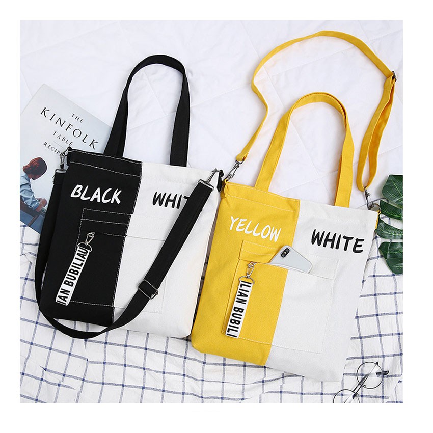 กระเป๋าผ้าyellow black white red blueสไตล์เกาหลี กระเป๋าผ้า  สะพายไหล่ สะพายข้าง รุ่นมีซิปปิด