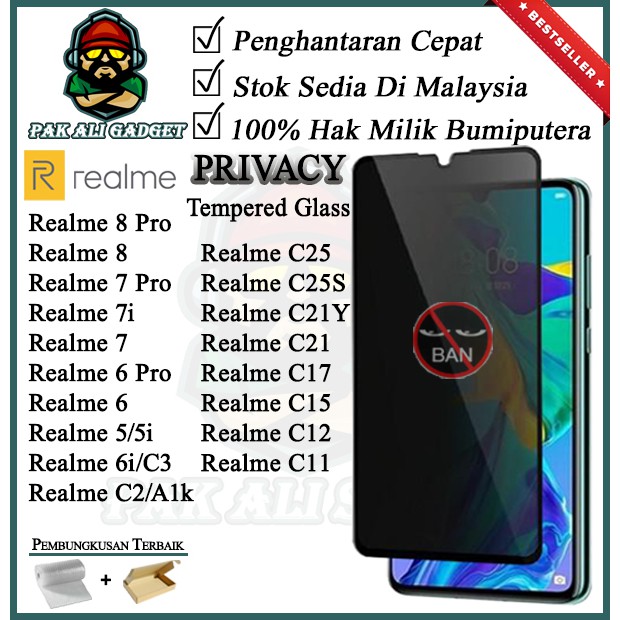 Realme C100/GT 7/P4 Power/C71/14/14x/C75/C65/C63/Note 80/70/60/11/10/C53 Privacy Full Tempered Glass