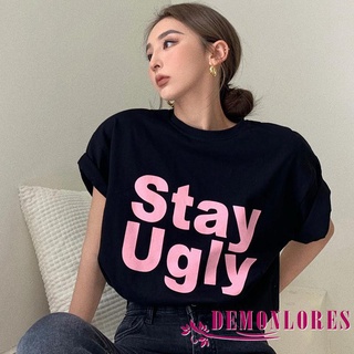 Demonlorest- เสื้อยืดลําลอง แขนสั้น พิมพ์ลายตัวอักษร ทรงหลวม แบบสวมหัว แนวสตรีท เหมาะกับฤดูร้อน สําหรับสตรี