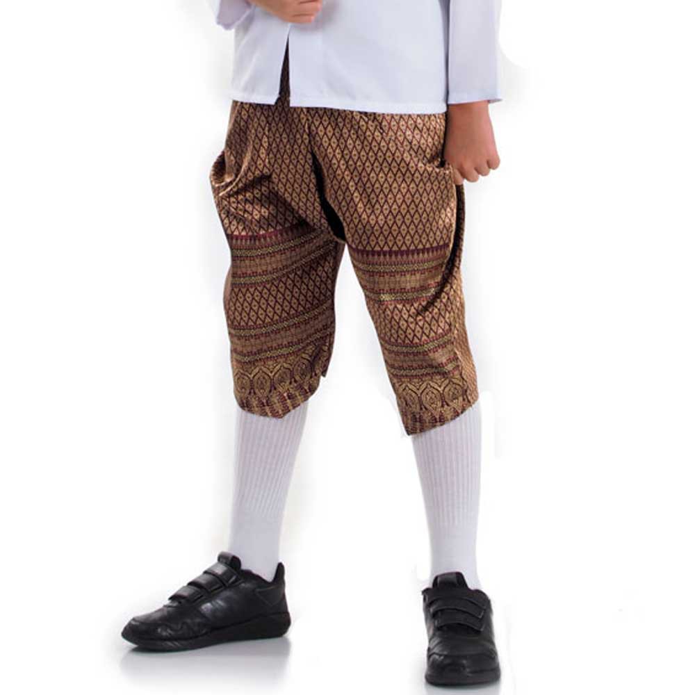 โจงกระเบนเด็กชายผ้าไหมเทียมลายไทยเอวยางยืด