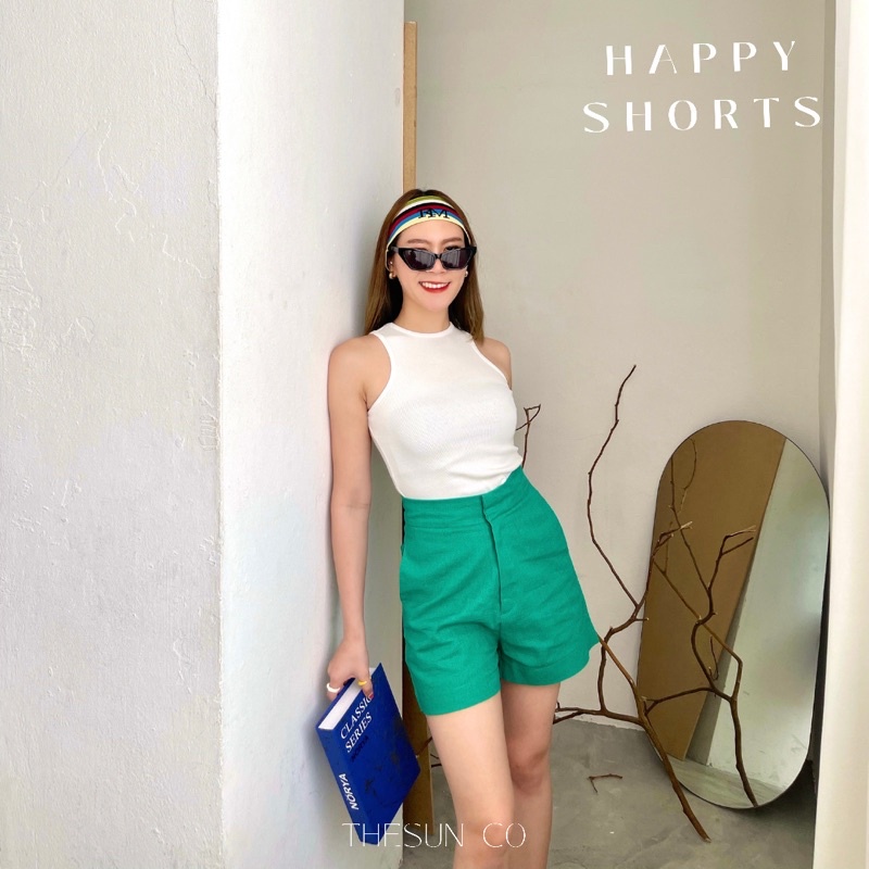 กางเกงขาสั้นผู้หญิง กางเกงขาสั้นเอวสูง HAPPY SHORTS️ ลด22%โค้ดPAY9N8N กางเกงขาสั้นลินิน 5 สี S-XL งา