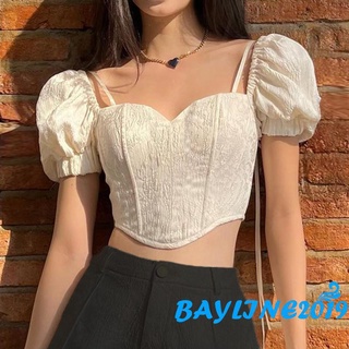 Bay- เสื้อครอปท็อป แขนสั้น คอพัฟ ผูกเชือก แบบสวมหัว ทรงไม่สมมาตร สําหรับผู้หญิง