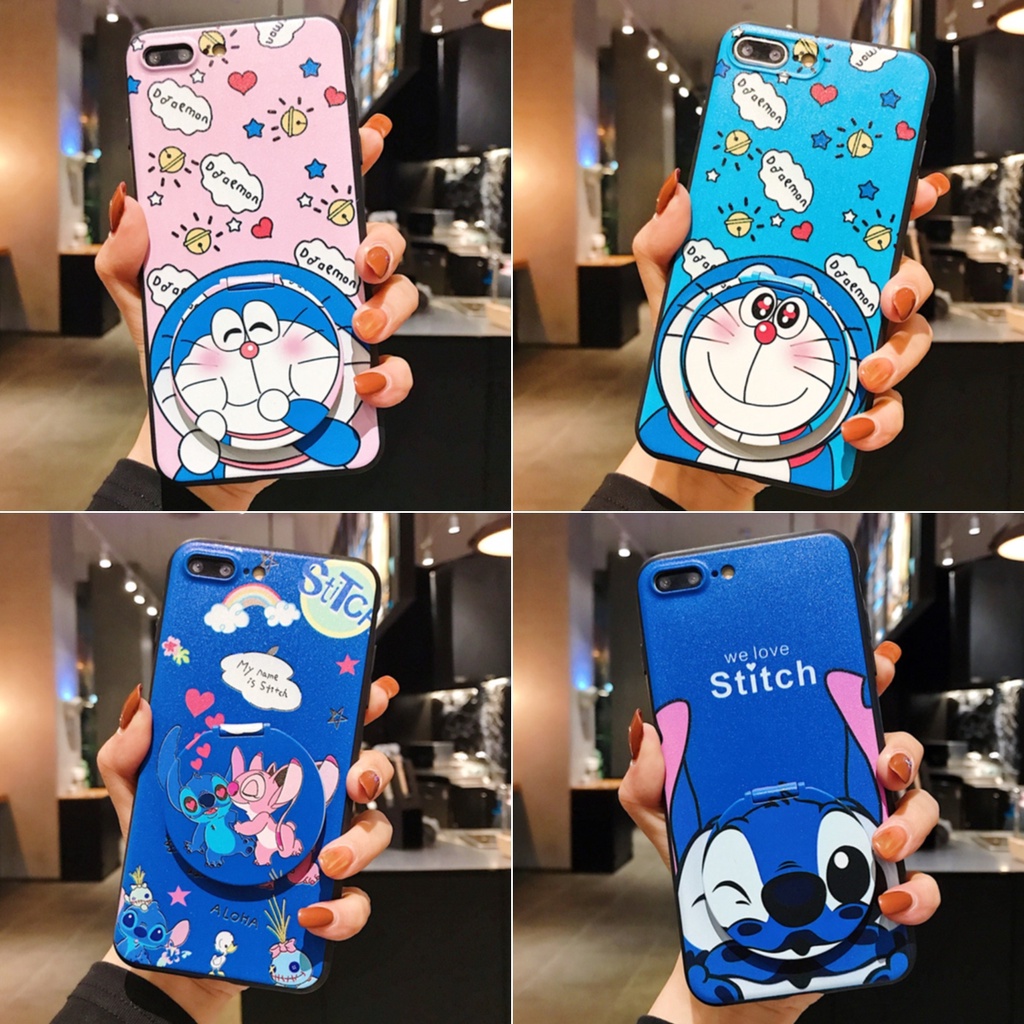 เคส Samsung J8 J7 J6 J6+ J4 J4+ A21S M20 A9 A7 A6 A6+ Note 10 9 8 S20 Ultra S20+ S10 S9 S8 Plus Prime Pro 2018 2019 2020 3D Doraemon &amp; Stitch Cartoon Couple Soft Case Cover + Mirror Stand