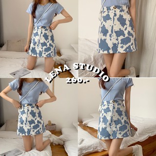 Lena Studio🌷พร้อมส่ง ♡ Cow Skirts กระโปรงลายวัวสีฟ้าสุดคิ้ววท์