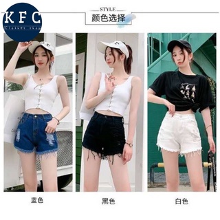 🌟KFC🌟👖ใหม่!!กางเกงยีนส์ขาสั้นเอวสูง ผ้าไม่ยืด แต่งปลายรุ่ย💓แต่งขาดปลายไม่สั้นมาก 💦มีไซส์ใหญ่💦#2012